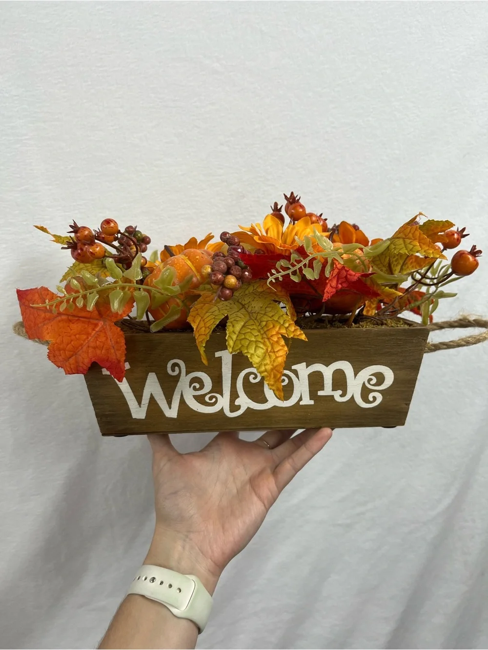 Welcome Centerpiece Box with Orange Fall Foliage and Lights